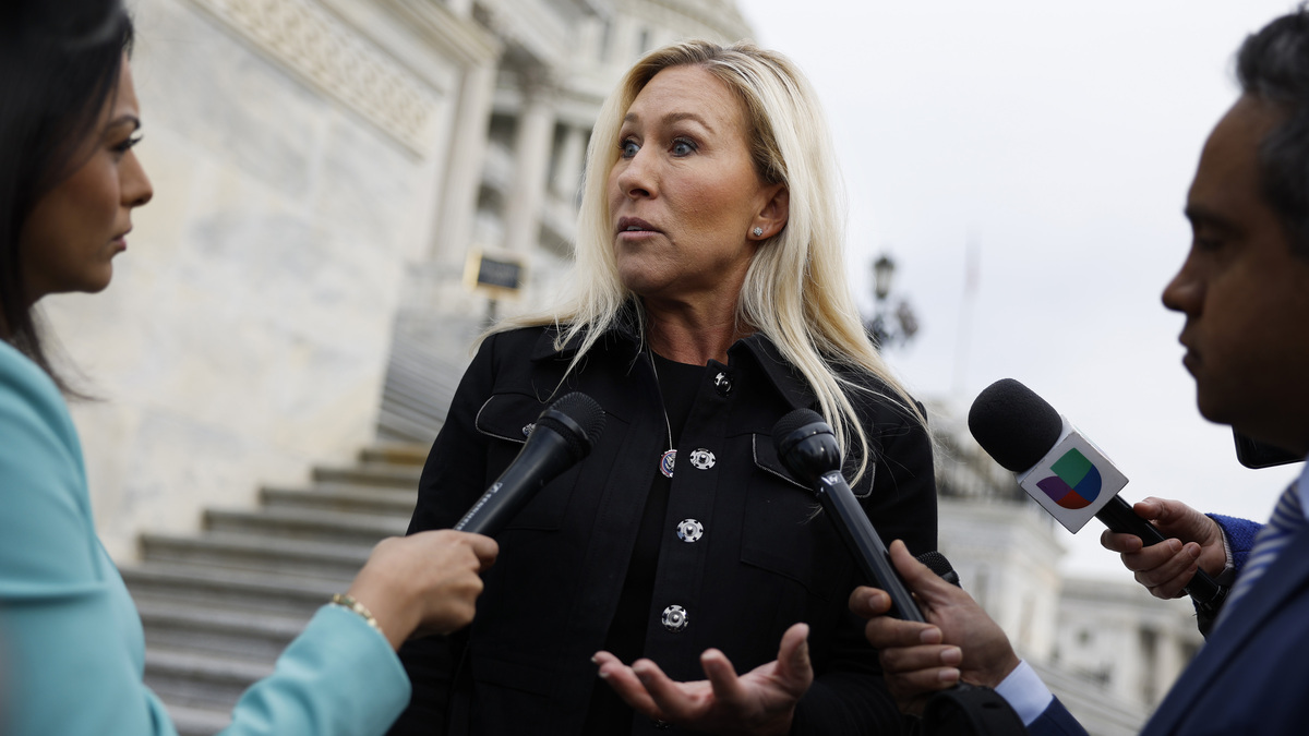 Rep. Marjorie Taylor Greene (R-GA) speaks to reporters outside of the U.S. Capitol Building during a vote on legislation pertaining to TikTok on March 13, 2024 in Washington, DC. The House of Representatives voted Wednesday to ban TikTok in the United States due to concerns over personal privacy and national security unless the Chinese-owned parent company ByteDance sells the popular video app within the next six months.