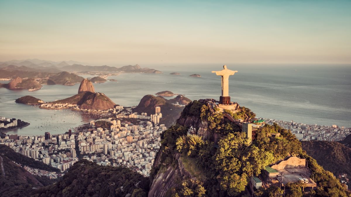 Aerial panorama of Botafogo Bay and Sugar Loaf Mountain, Rio De Janeiro, Brazil.