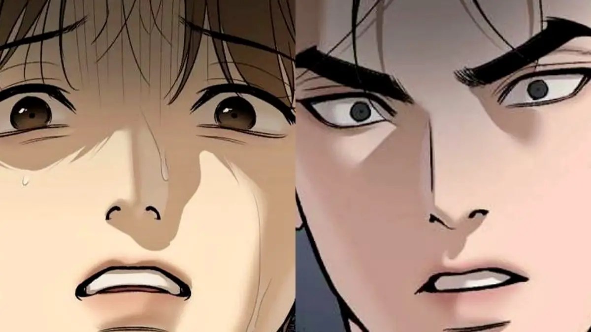 A split image of Dan and Jaekyung from the BL manhwa ‘Jinx’