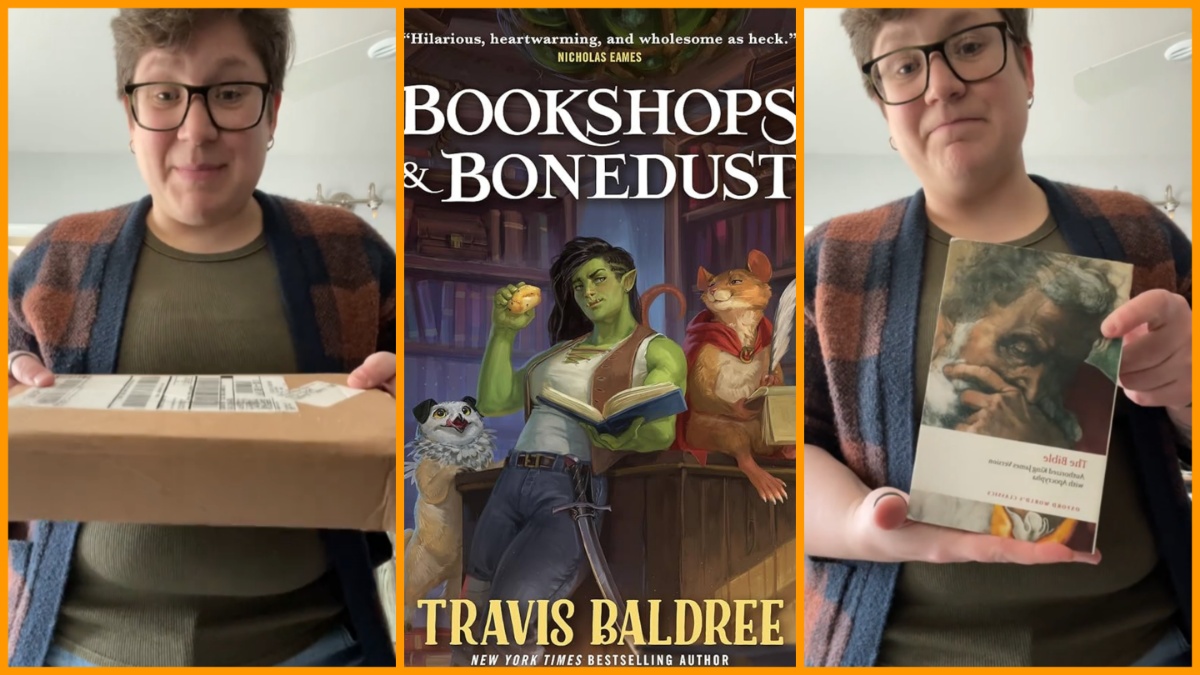 TikToker fooddaddy opens a package containing the Bible/Bookshops and Bonedust, the book they actually ordered
