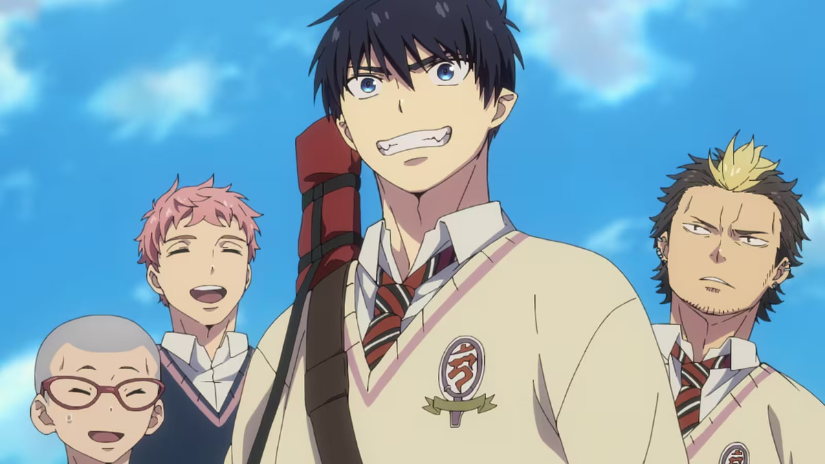 Konekomaru Miwa, Renzo Shima, Rin Okumura, and Ryuji Suguro in 'Blue Exorcist' season 3.