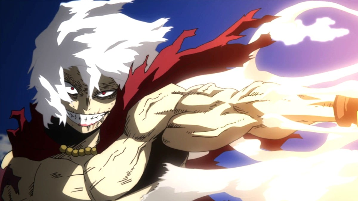 Tomura Shigaraki smiling during a fight in season 6 of 'My Hero Academia.'