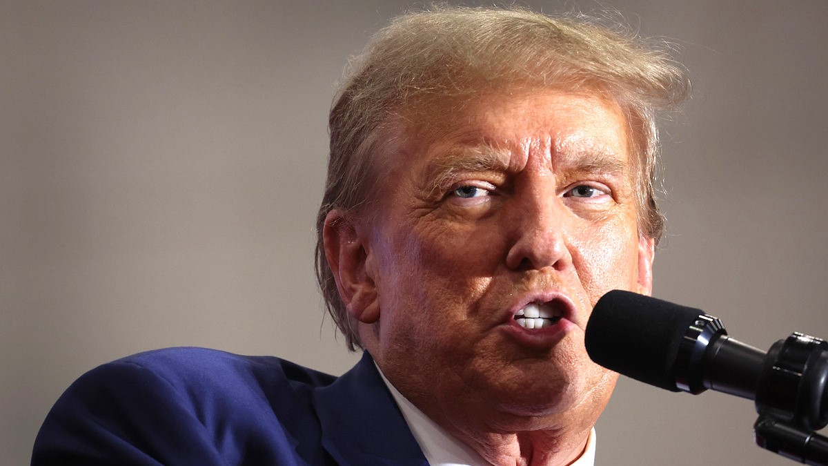 Former President Donald Trump speaks to guests at a rally on April 02, 2024 in Green Bay, Wisconsin. At the rally, Trump spoke next to an empty lectern on the stage and challenged President Joe Biden to debate him. The Wisconsin primary is being held today.