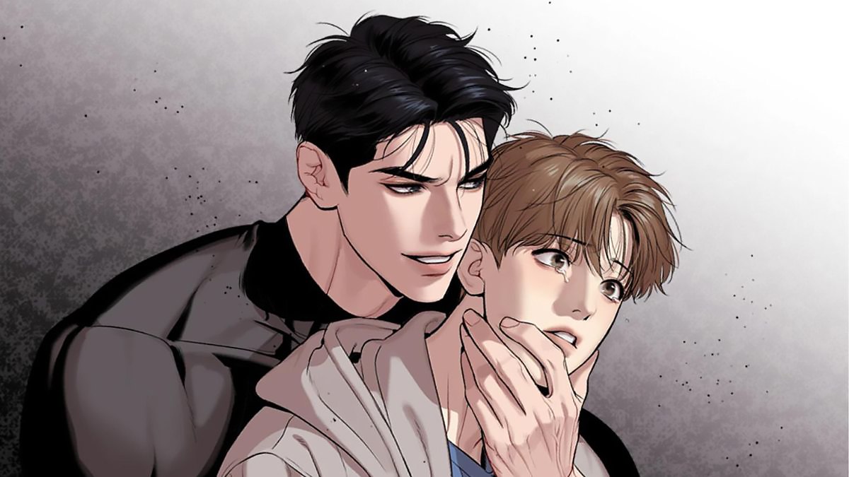 Cover of the BL manhwa "Jinx" showing Jaekyung holding Kim Dan by the chin