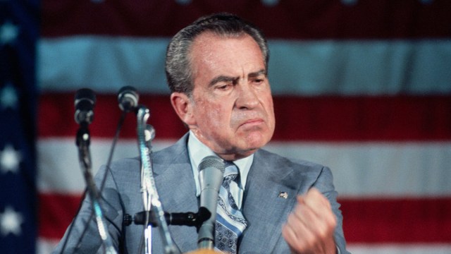 Former president Richard Nixon, in his first public appearance since resigning from the Presidency, speaks to supporters.