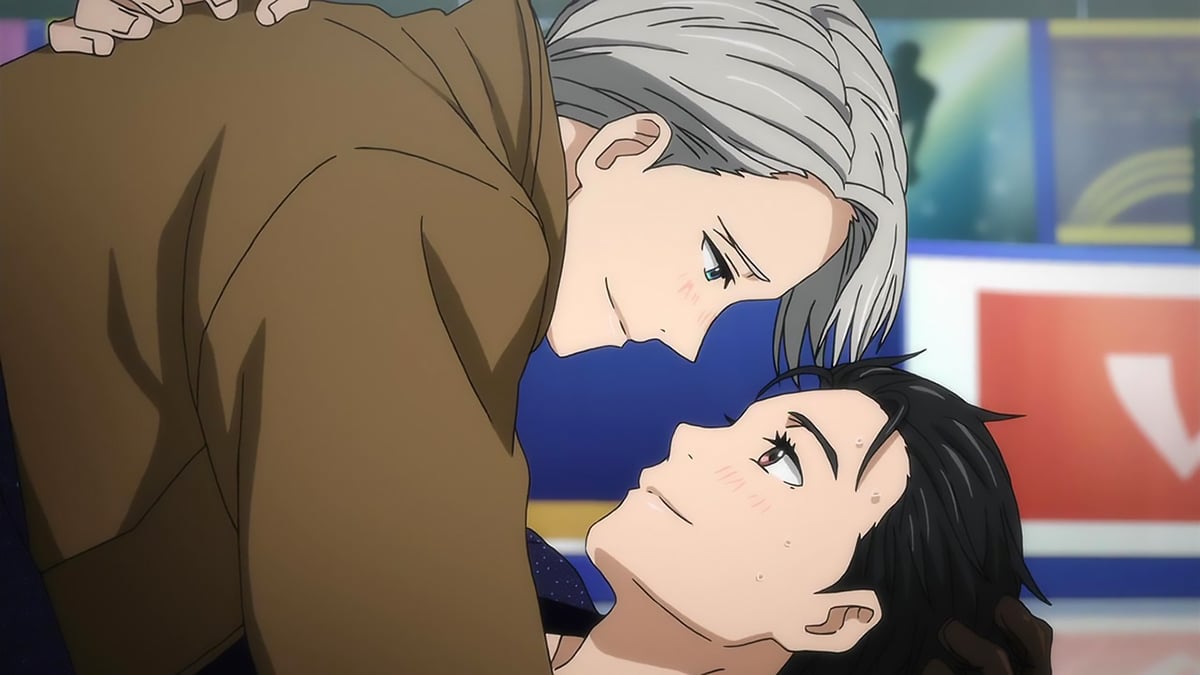 Victor congratulating Yuri on the ice skating ring in Yuri!!!! On Ice