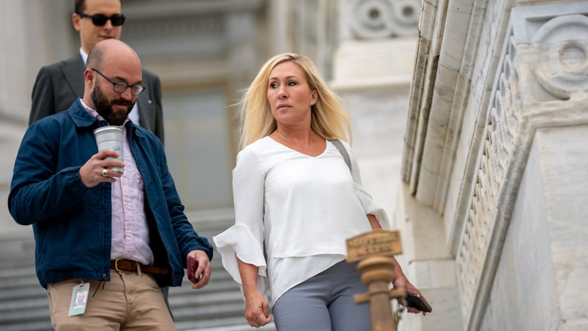 Rep. Marjorie Taylor Greene (R-GA) departs Capitol Hill following a vote on April 19, 2024 in Washington, DC. The House has allowed a long standing international aid bill for Ukraine, Israel and Taiwan to come to a vote this weekend over objections from some Republican members.