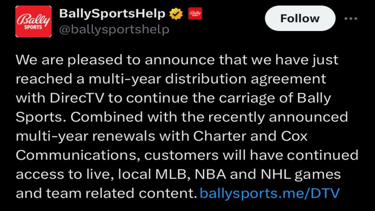 Bally Sports announces their agreement with Direct TV, and Charter and Cox 