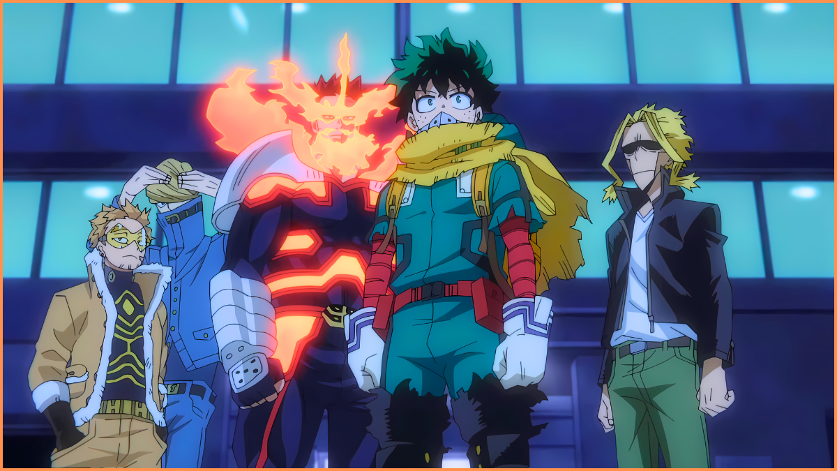 Hawks, Best Jeanist, Endeavor, Deku, and All Might in season 6 of My Hero Academia.