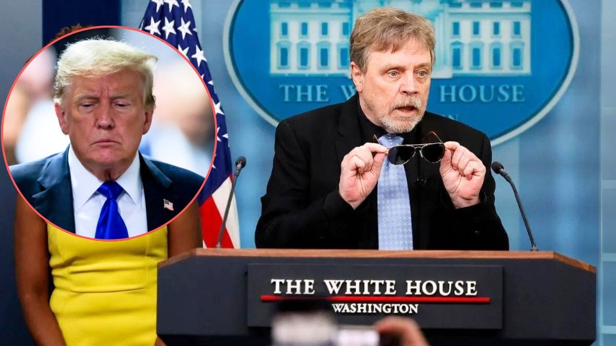 Actor Mark Hamill joins White House Press Secretary Karine Jean-Pierre at the daily press briefing at the White House on May 03, 2024 in Washington, DC./Former U.S. President Donald Trump departs the courtroom after being found guilty on all 34 counts in his hush money trial at Manhattan Criminal Court on May 30, 2024 in New York City