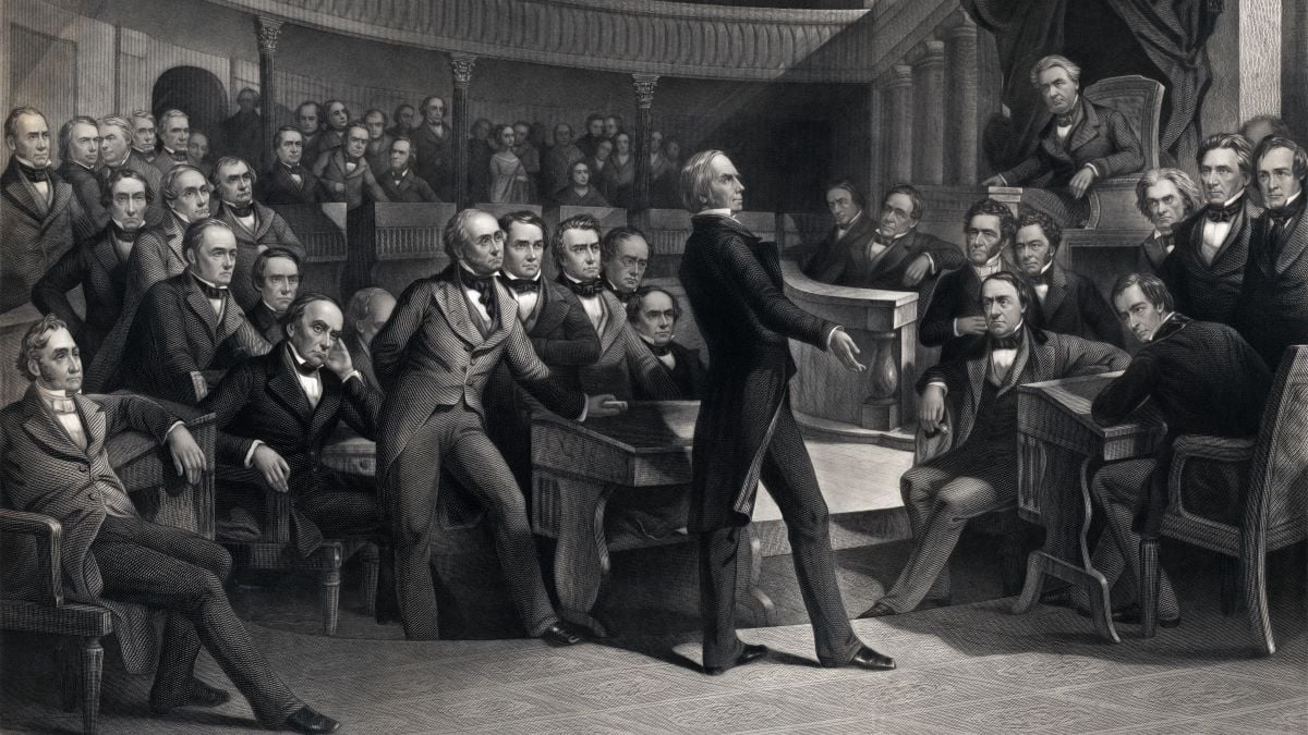 Vintage engraving features Kentucky Senator Henry Clay speaking about the Compromise of 1850 in the Old United States Senate Chamber. The Compromise of 1850 consists of five laws passed in that dealt with the issue of slavery and territorial expansion.