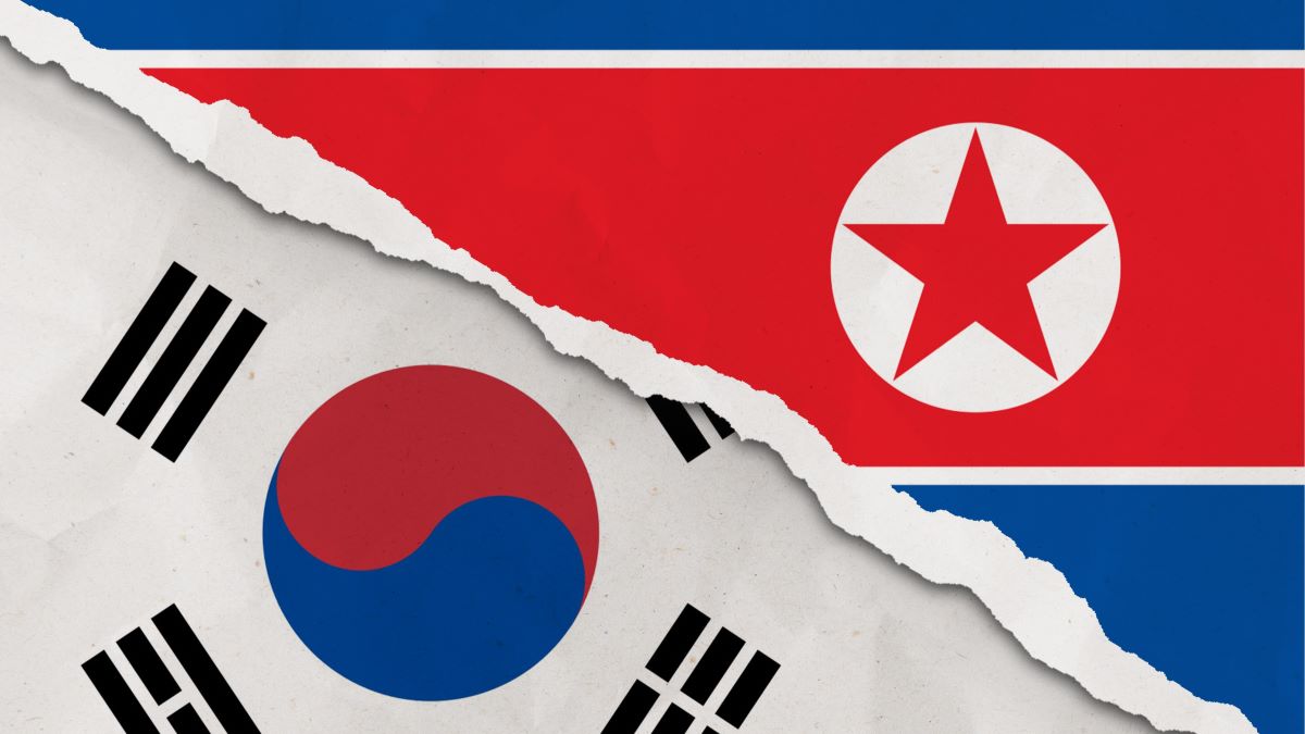 South Korea and North Korea flag ripped paper grunge background. Abstract South Korea and North Korea economics, politics conflicts, war concept texture background