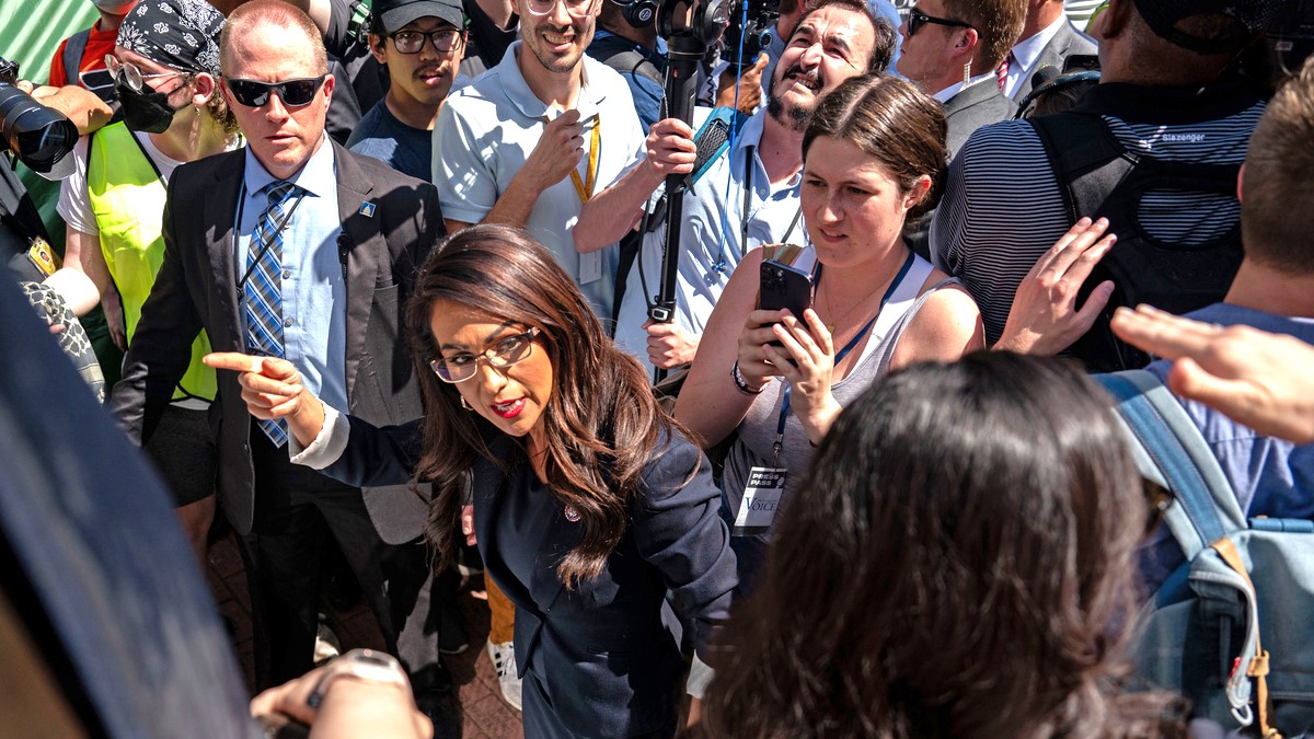 Rep. Lauren Boebert (R-CO) gets into a contentious exchange with demonstrators as she demands that a flag be pulled off the statue of George Washington at University Yard as she and other members of the House Oversight Committee tour the encampment at University Yard at George Washington University on May 1, 2024 in Washington, DC. Student activists still in the encampment have continued through their sixth day of the demonstration, in solidarity with college campuses across the United States that have started encampments to call on their universities to divest financial ties from Israel.