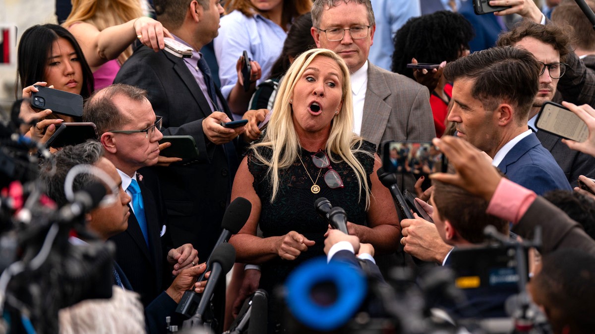 Rep. Marjorie Taylor Greene (R-GA), and Rep. Thomas Massie (R-KY), speak to members of the press on the steps of the House of Representatives at the U.S. Capitol on May 8, 2024 in Washington, DC. The House voted overwhelmingly to save Speaker Johnson from Marjorie Taylor Greene's push to oust him from his leadership position, voting 359 to 43 to table the motion to vacate.