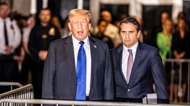 Former President Donald Trump and his attorney Todd Blanche exit the courthouse and speak to media after Trump was found guilty following his hush money trial at Manhattan Criminal Court on May 30, 2024 in New York City. The former president was found guilty on all 34 felony counts of falsifying business records in the first of his criminal cases to go to trial. Trump has now become the first former U.S. president to be convicted of felony crimes.