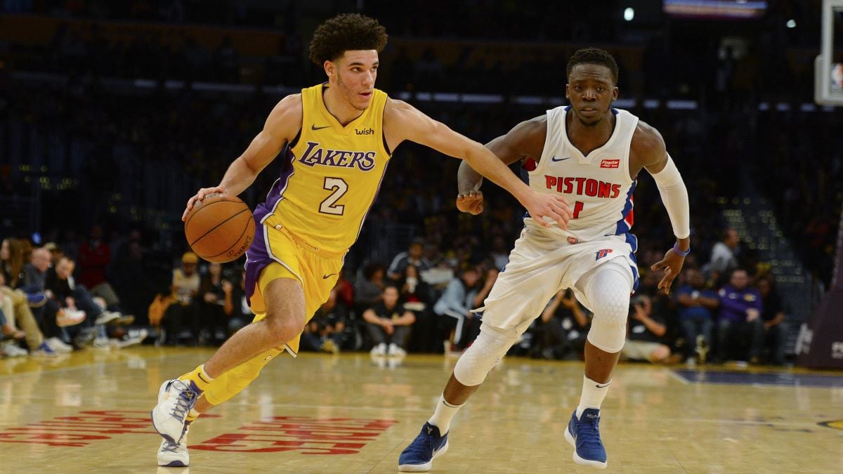 Lonzo Ball #2 of the Los Angeles Lakers dribbles the ball around Reggie Jackson #1 of the Detroit Pistons on October 31, 2017 at STAPLES Center in Los Angeles, California. NOTE TO USER: User expressly acknowledges and agrees that, by downloading and or using this photograph, User is consenting to the terms and conditions of the Getty Images License Agreement. (Photo by Robert Laberge/Getty Images)