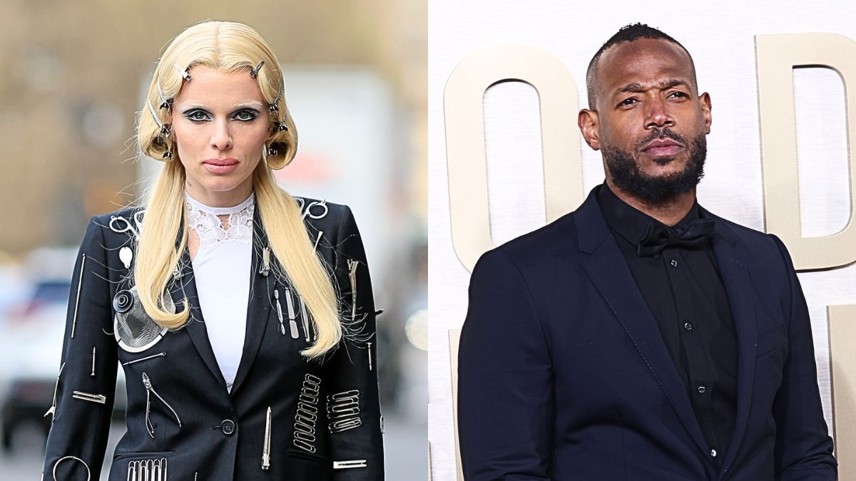 Photo montage of Julia Fox in New York City and Marlon Wayans at the 81st Golden Globe Awards.