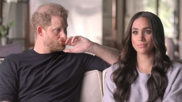Prince Harry looking at Meghan Markle in their Harry & Meghan documentary