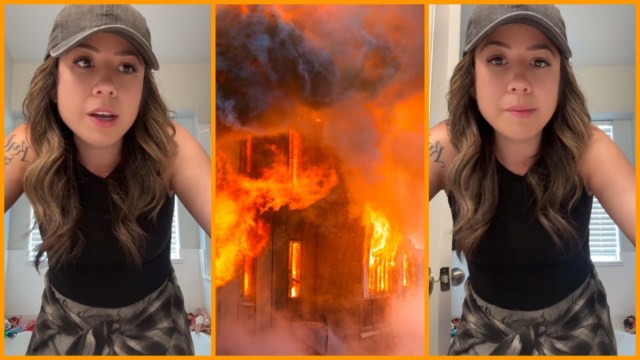 TikTok screenshots via Angelique Cruz/Getty Image of house burning down