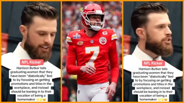 TikTok screenshots via @ericaf455/Harrison Butker #7 of the Kansas City Chiefs warms up prior to Super Bowl LVIII against the San Francisco 49ers at Allegiant Stadium on February 11, 2024