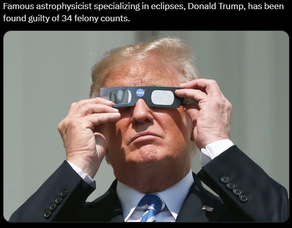 Trump wearing eclipse sun and looking at the sun.