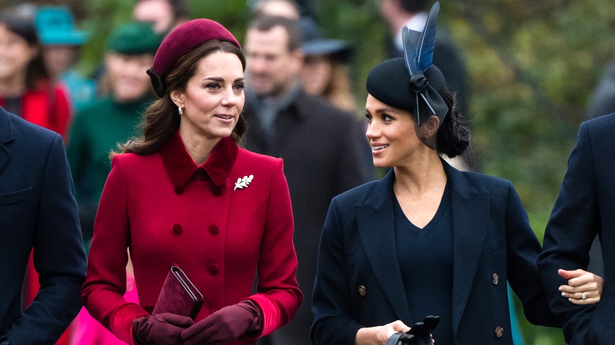 Catherine, Duchess of Cambridge and Meghan, Duchess of Sussex attend Christmas Day Church service at Church of St Mary Magdalene on the Sandringham estate on December 25, 2018 in King's Lynn, England.