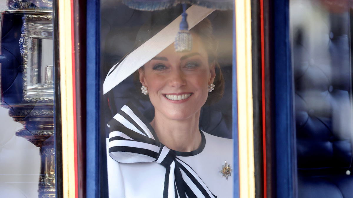 Catherine, Princess of Wales during Trooping the Colour at Buckingham Palace on June 15, 2024 in London, England. Trooping the Colour is a ceremonial parade celebrating the official birthday of the British Monarch. The event features over 1,400 soldiers and officers, accompanied by 200 horses. More than 400 musicians from ten different bands and Corps of Drums march and perform in perfect harmony.