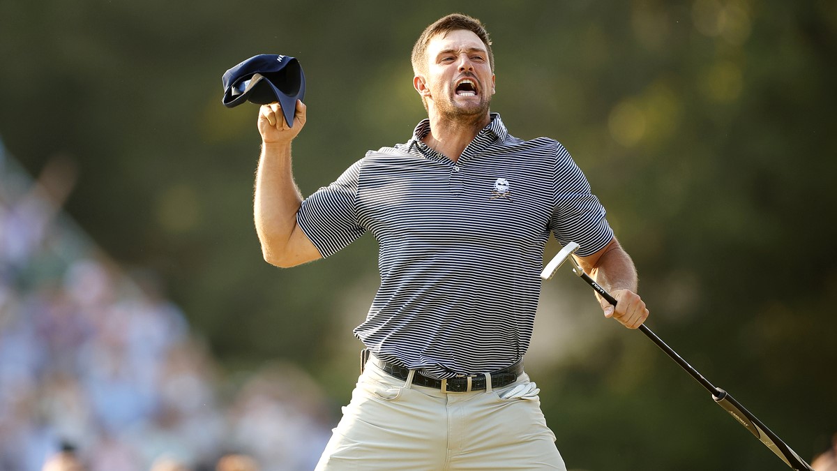 PINEHURST, NORTH CAROLINA - JUNE 16: Bryson DeChambeau of the United States reacts to his winning putt on the 18th green during the final round of the 124th U.S. Open at Pinehurst Resort on June 16, 2024 in Pinehurst, North Carolina.