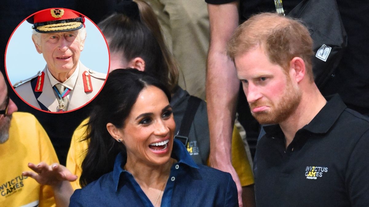 King Charles III attends the UK Ministry of Defence and the Royal British Legion’s commemorative event at the British Normandy Memorial to mark the 80th anniversary of D-Day on June 06, 2024/Prince Harry, Duke of Sussex and Meghan, Duchess of Sussex attend the sitting volleyball final during day six of the Invictus Games Düsseldorf 2023 on September 15, 2023