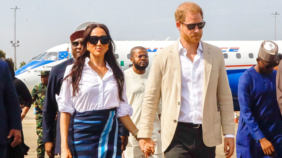 Prince Harry, Duke of Sussex and Meghan, Duchess of Sussex arrive at the Lagos airport for Official State Welcome on May 12, 2024 in Lagos, Nigeria. 