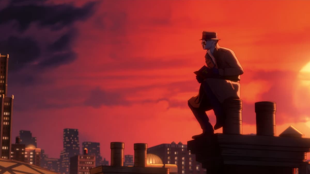 Rorschach sitting on a roof in Watchmen Animated movie.