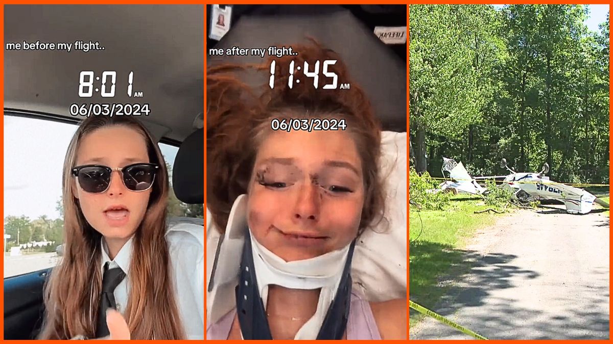 Student pilot Kaitlyn Young before and after her plane crashed near Plymouth, Connecticut.