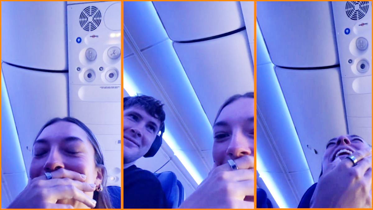 Tiktok user hanner_rae laughing during a flight