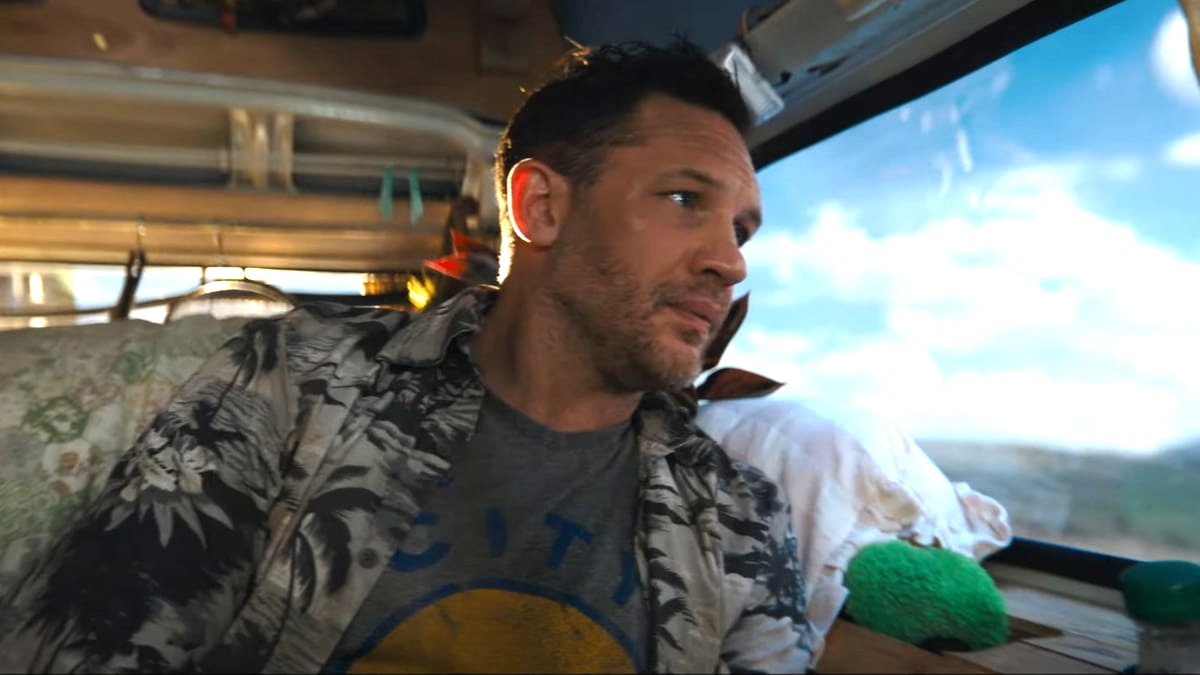 Tom Hardy sitting in a van in Venom: The Last Dance.