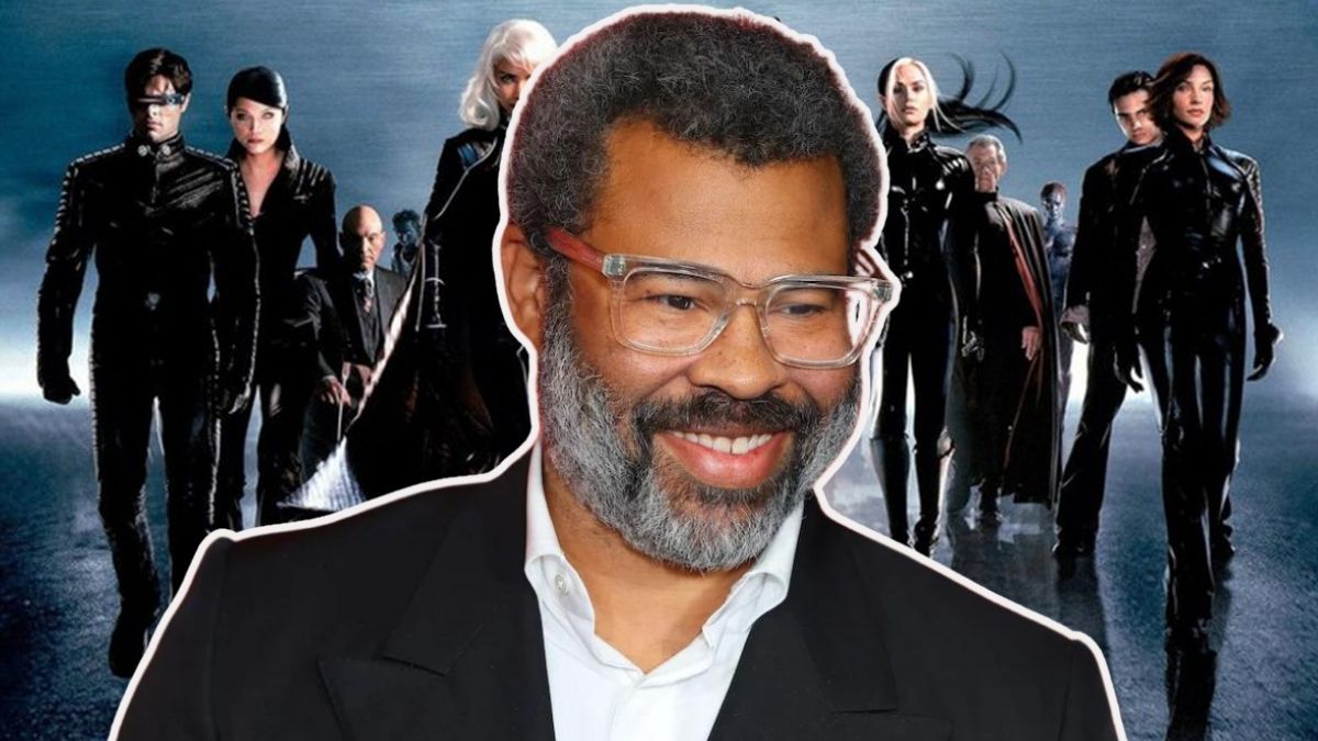 Jordan Peele grinning superimposed over an X-Men 2 poster