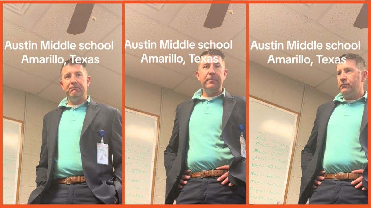 Side by side images of Austin Middle School's principal with his hands on his hips.