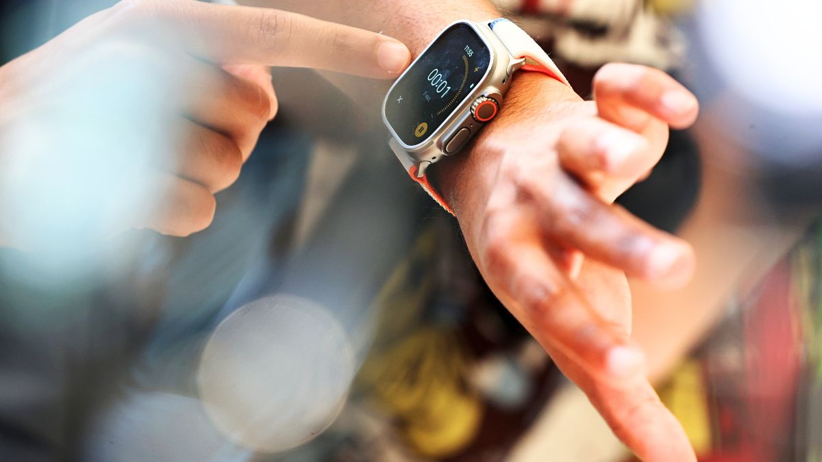 An attendee tries on the new Apple Watch Ultra 2 during an Apple event on September 12, 2023 in Cupertino, California. Apple revealed its lineup of the latest iPhone 15 versions as well as other product upgrades during the event. 