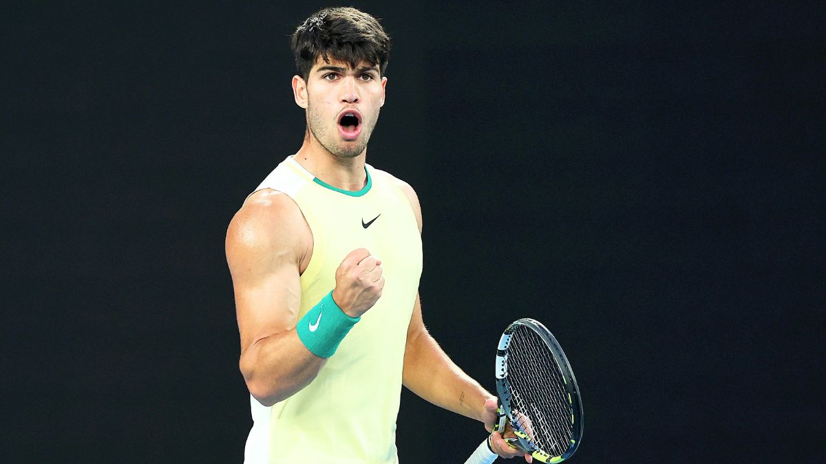 Carlos Alcaraz of Spain celebrates a point during their fourth round singles match against Miomir Kecmanovic of Serbia during the 2024 Australian Open at Melbourne Park on January 22, 2024 in Melbourne, Australia.