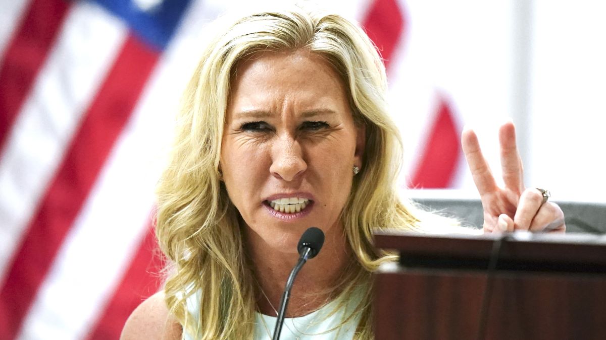 Rep. Marjorie Taylor Greene speaks during a court hearing on April 22, 2022 in Atlanta, Georgia. U.S. Rep. Greene is appearing at the hearing in a challenge filed by voters who say she shouldn't be allowed to seek reelection because she helped facilitate the attack on the Capitol that disrupted the certification of Joe Biden's presidential victory. (Photo by John Bazemore-Pool/Getty Images)