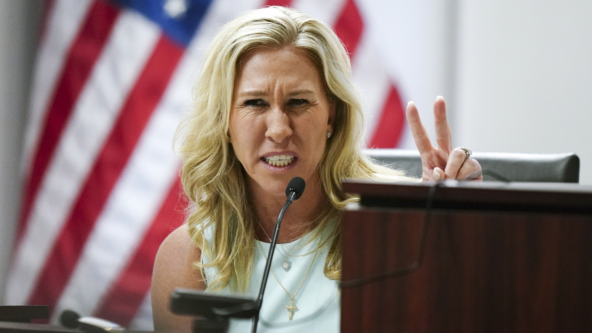 ATLANTA, GEORGIA - APRIL 22: U.S. Rep. Marjorie Taylor Greene speaks during a court hearing on April 22, 2022 in Atlanta, Georgia. U.S. Rep. Greene is appearing at the hearing in a challenge filed by voters who say she shouldn't be allowed to seek reelection because she helped facilitate the attack on the Capitol that disrupted the certification of Joe Biden's presidential victory.