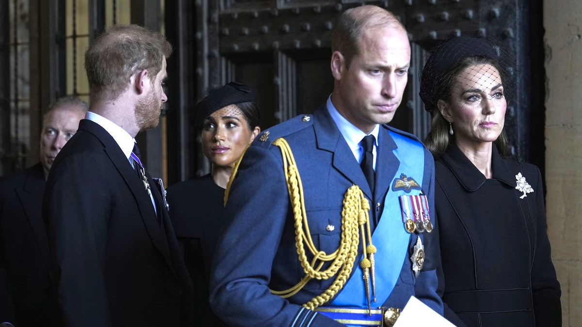 Prince William, Prince of Wales, Catherine, Princess of Wales, Prince Harry, Duke of Sussex, and Meghan, Duchess of Sussex leave after escorting the coffin of Queen Elizabeth II to Westminster Hall from Buckingham Palace for her lying in state, on September 14, 2022 in London, United Kingdom