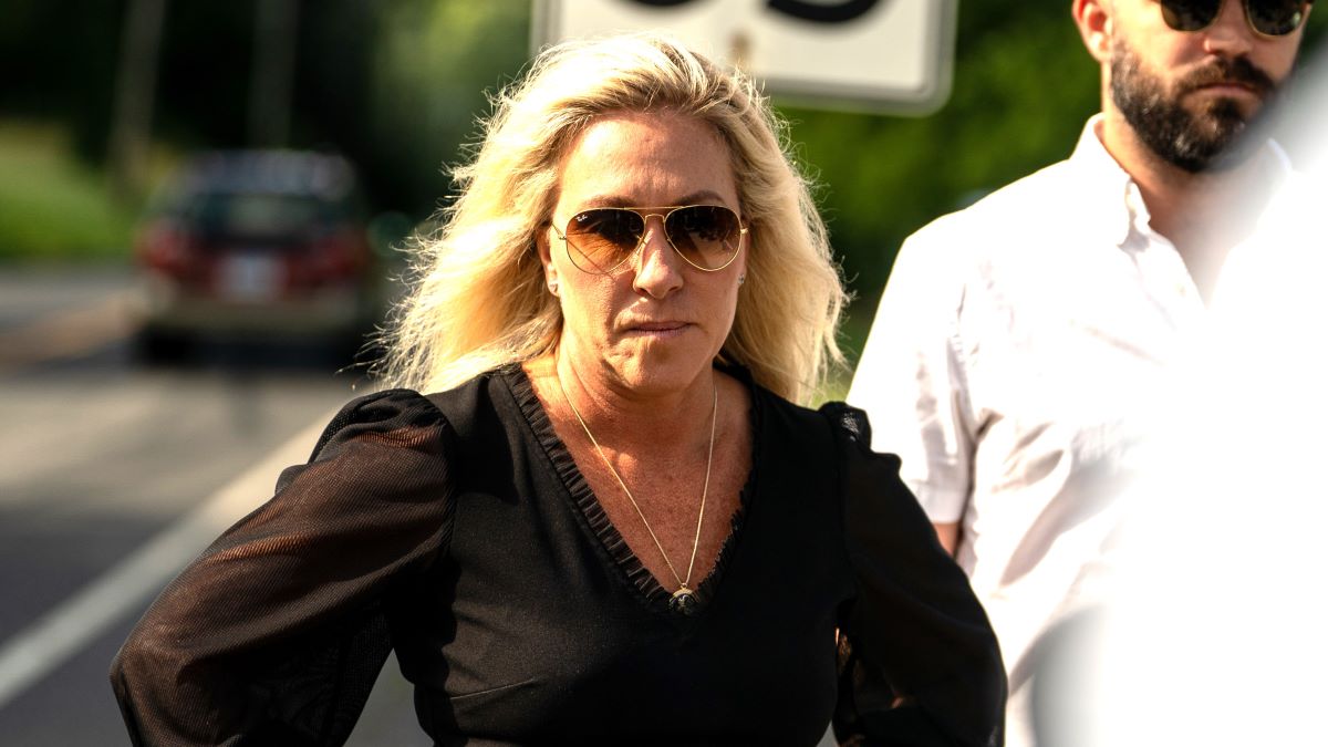 U.S. Rep. Marjorie Taylor Greene (R-GA) arrives to speak to the media at the Federal Correctional Institution Danbury where Steve Bannon, the former Donald Trump White House strategist, is expected to begin his four-month sentence on July 1, 2024 in Danbury, Connecticut. Bannon will be imprisoned for contempt of Congress, his conviction for not complying with issued subpoenas by the now-defunct House Select Committee that investigated the January 6, 2021 attack on the Capitol. Bannon attempted to avoid reporting to prison while challenging his conviction before the federal appeals court in Washington, DC but was denied by the Supreme Court. (Photo by David Dee Delgado/Getty Images)