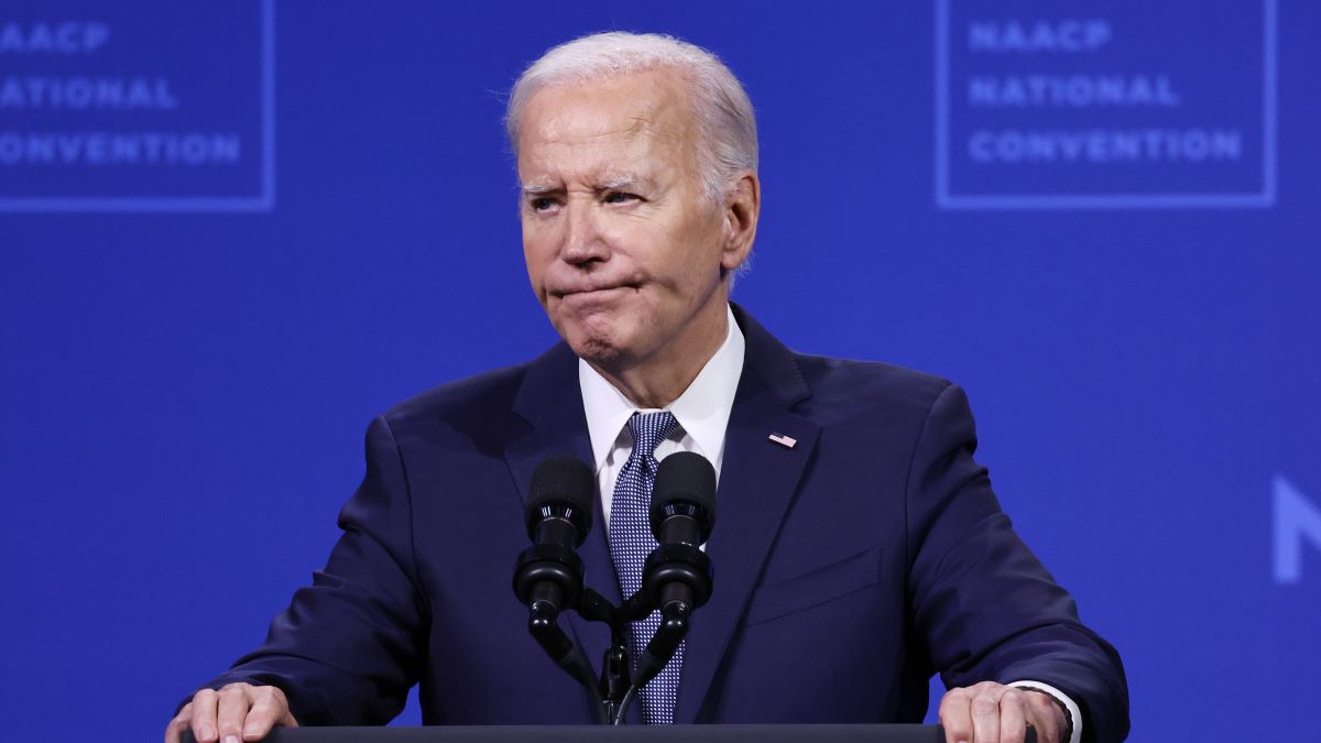 U.S. President Joe Biden speaks at the 115th NAACP National Convention at the Mandalay Bay Convention Center on July 16, 2024 in Las Vegas, Nevada. Biden returned to the campaign trail, delivering remarks at the NAACP convention today, and will tomorrow at the UnidosUS Annual Conference during a visit to the battleground state of Nevada. (Photo by Mario Tama/Getty Images)