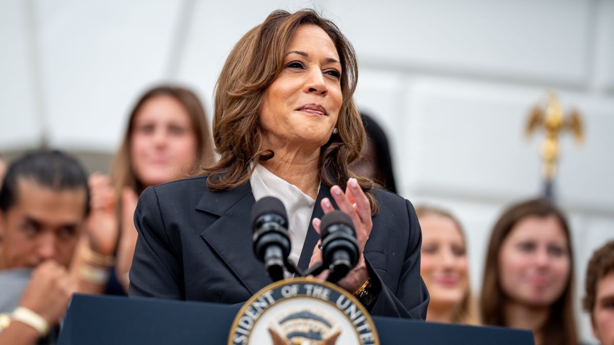 U.S. Vice President Kamala Harris speaks during an NCAA championship teams celebration on the South Lawn of the White House on July 22, 2024 in Washington, DC. U.S. President Joe Biden abandoned his campaign for a second term after weeks of pressure from fellow Democrats to withdraw and just months ahead of the November election, throwing his support behind Harris. (Photo by Andrew Harnik/Getty Images)