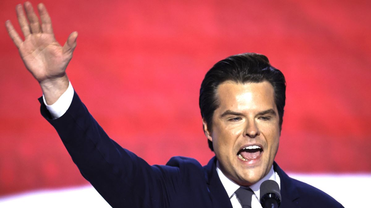 Rep. Matt Gaetz (R-FL) speaks on stage on the third day of the Republican National Convention at the Fiserv Forum on July 17, 2024 in Milwaukee, Wisconsin. Delegates, politicians, and the Republican faithful are in Milwaukee for the annual convention, concluding with former President Donald Trump accepting his party's presidential nomination. The RNC takes place from July 15-18. (Photo by Chip Somodevilla/Getty Images)