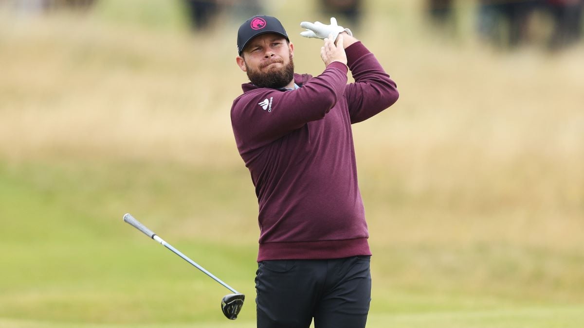 Tyrrell Hatton of England reacts after playing his second shot on the sixth hole on day one of The 152nd Open championship at Royal Troon on July 18, 2024 in Troon, Scotland. (Photo by Warren Little/Getty Images)