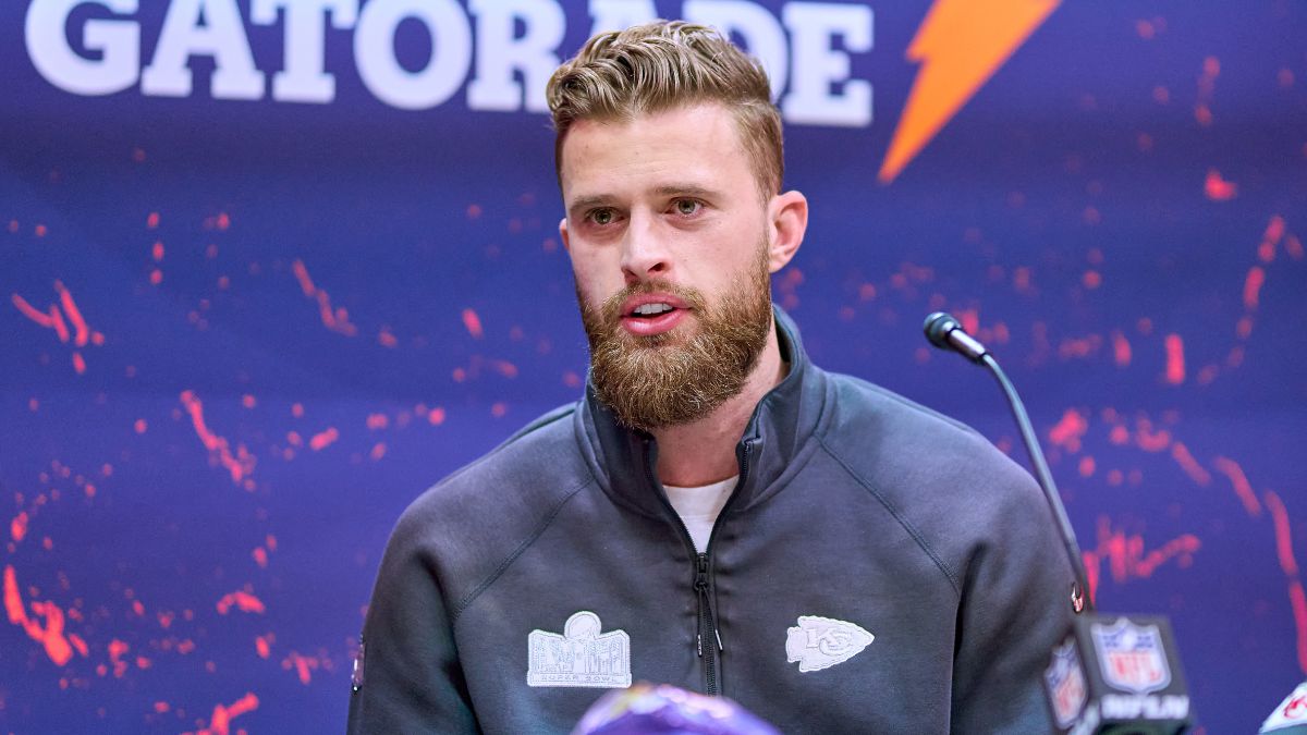 Harrison Butker #7 of the Kansas City Chiefs speaks to media during Super Bowl LVIII Opening Night at Allegiant Stadium ahead of Super Bowl LVIII on February 5, 2024 in Las Vegas, Nevada