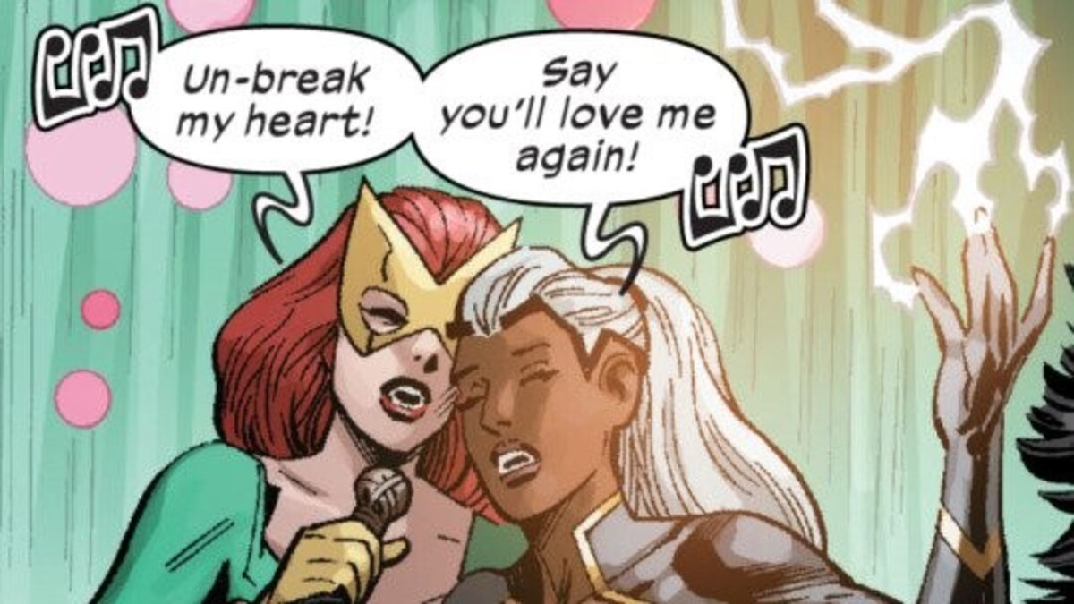 Storm and Jean Grey singing "Un-break my heart" at Karaoke