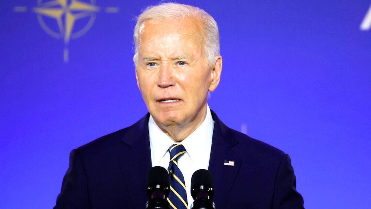 WASHINGTON, DC - JULY 09: U.S. President Joe Biden delivers remarks during the NATO 75th anniversary celebratory event at the Andrew Mellon Auditorium on July 9, 2024 in Washington, DC. NATO leaders convene in Washington this week for its annual summit to discuss future strategies and commitments and mark the 75th anniversary of the alliance’s founding.