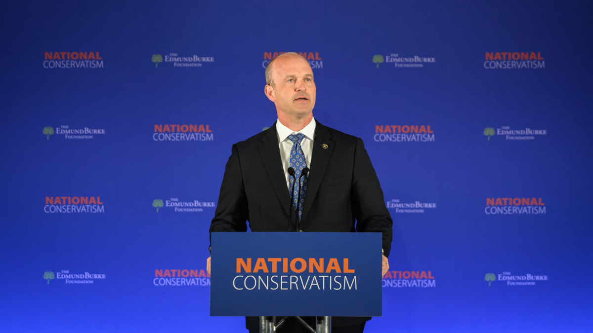 President of the Heritage Foundation Kevin Roberts address delegates during the second day of the National Conservatism conference at The Emmanuel Centre on May 16, 2023 in London, England. Traditionalist conservatives gather for their annual conference in Central London. National Conservatism values the concepts of custom, convention and tradition over individualism.